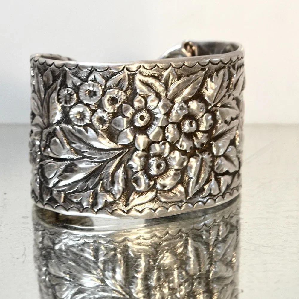 Art Nouveau Sterling Silver Floral Cuff Bracelet - Picture 10 of 12